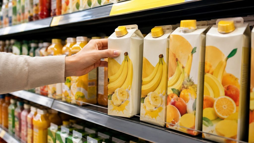 Banan w sokach z Biedronki — od klasyków pomarańczowo-bananowych po smoothie. Przegląd składów, przecierów i cen 2026.