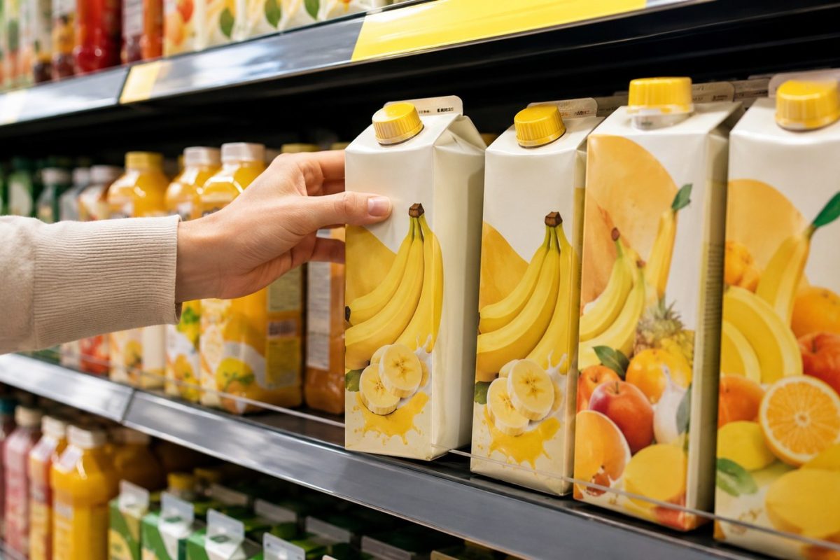 Banan w sokach z Biedronki — od klasyków pomarańczowo-bananowych po smoothie. Przegląd składów, przecierów i cen 2026.