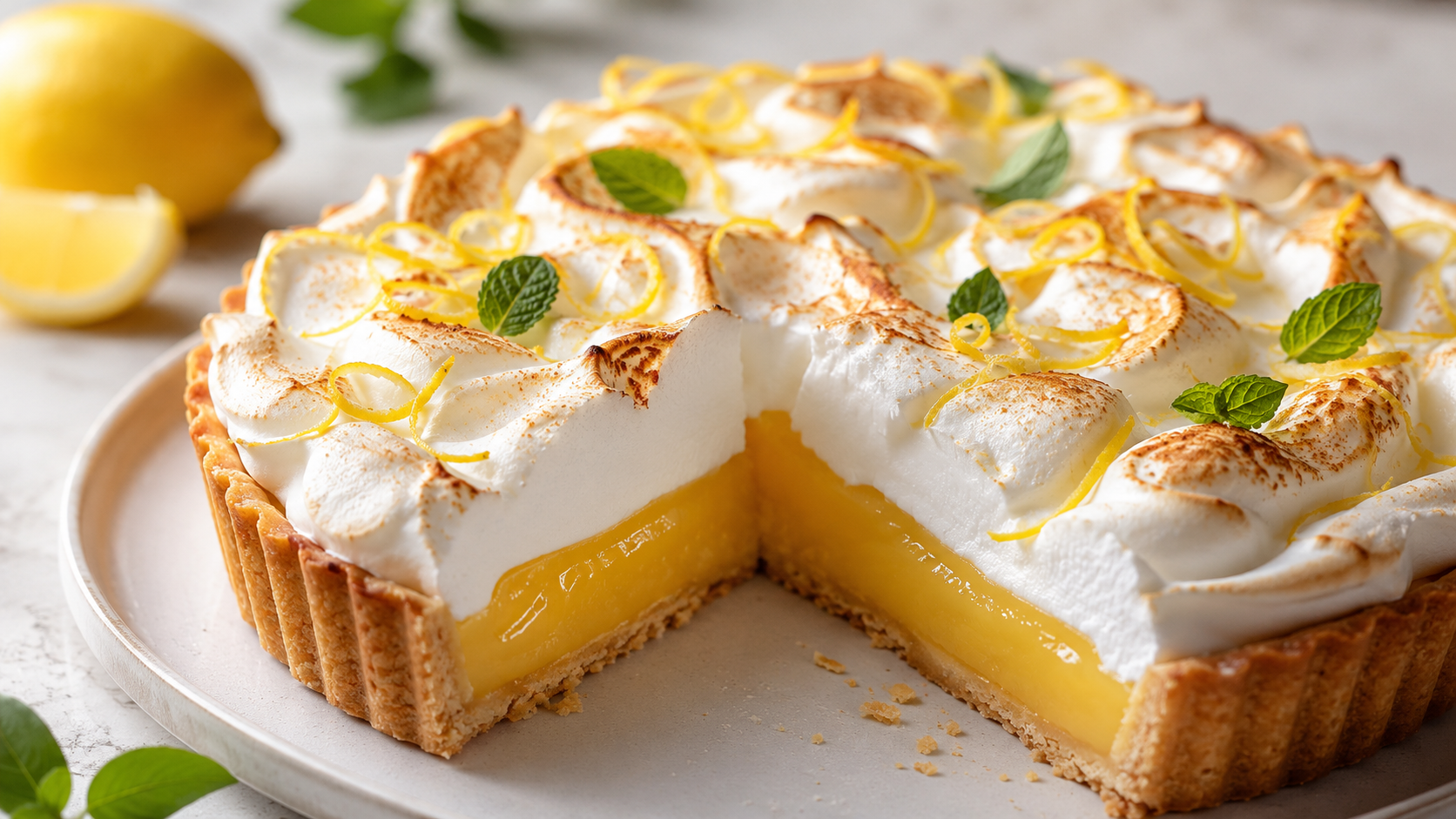 Tarta łącząca kruchy spód, cytrynowy krem i piankę ptasiego mleczka — przepis krok po kroku z wariantem fit i trikami na idealne warstwy.