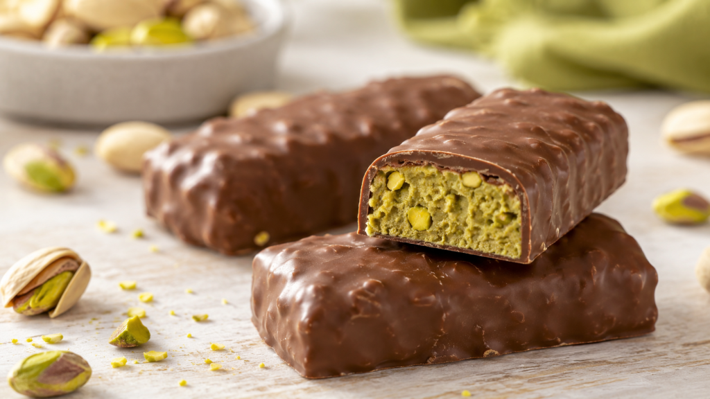Pistacjowo-truskawkowy baton proteinowy z Lidla plus szybki przewodnik po pistacjach w Lidlu: orzechy, kremy i pistacjowe nowości 2026.