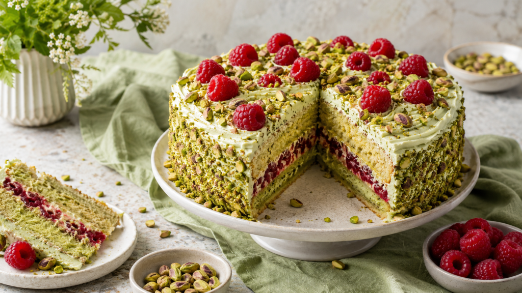 Pistacjowa chatka z malinami — deser łączący krem pistacjowy z kwaśnymi owocami. Przepis krok po kroku plus wariant sernika na zimno.