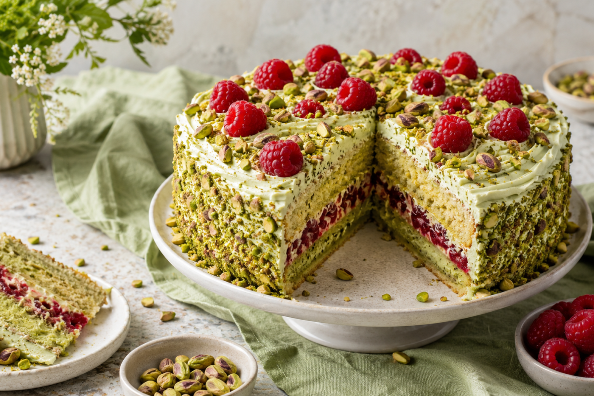 Pistacjowa chatka z malinami — deser łączący krem pistacjowy z kwaśnymi owocami. Przepis krok po kroku plus wariant sernika na zimno.