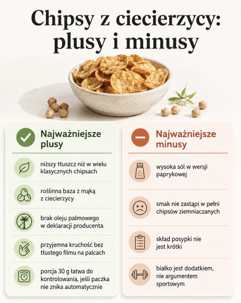 Infografika przedstawiająca najważniejsze plusy i minusy chipsów z ciecierzycy