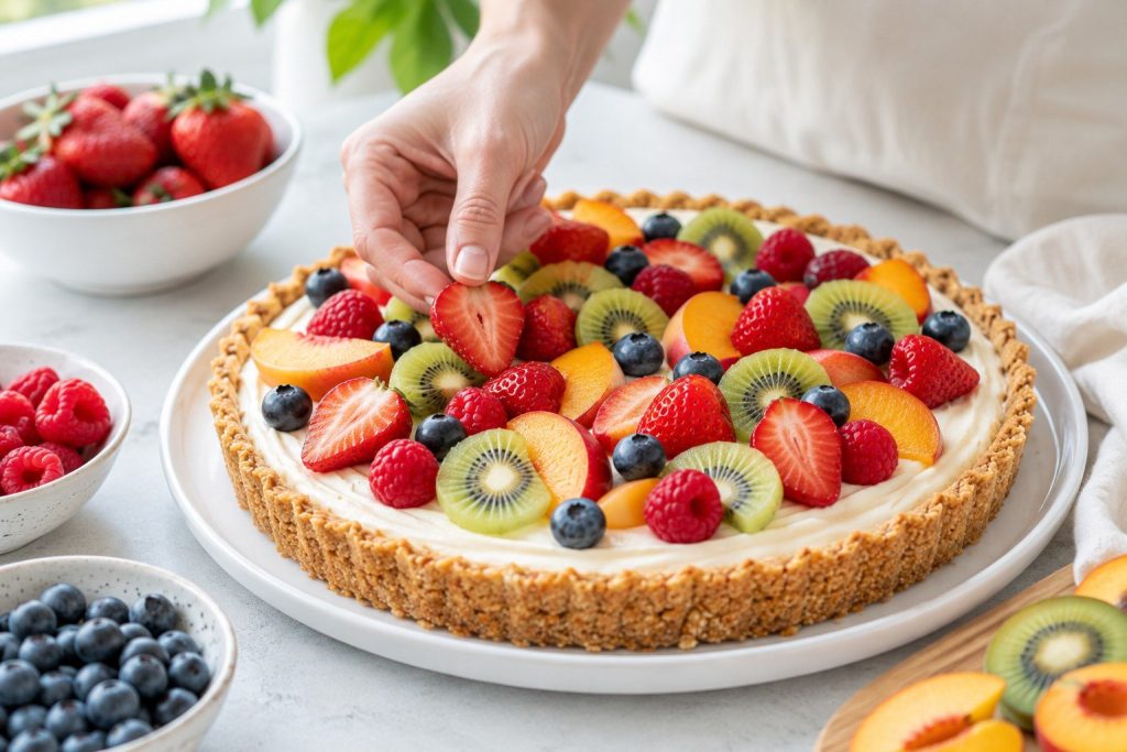 Tarta owocowa bez pieczenia — letni przepis na kruchy spód i sezonowe owoce bez włączania piekarnika
