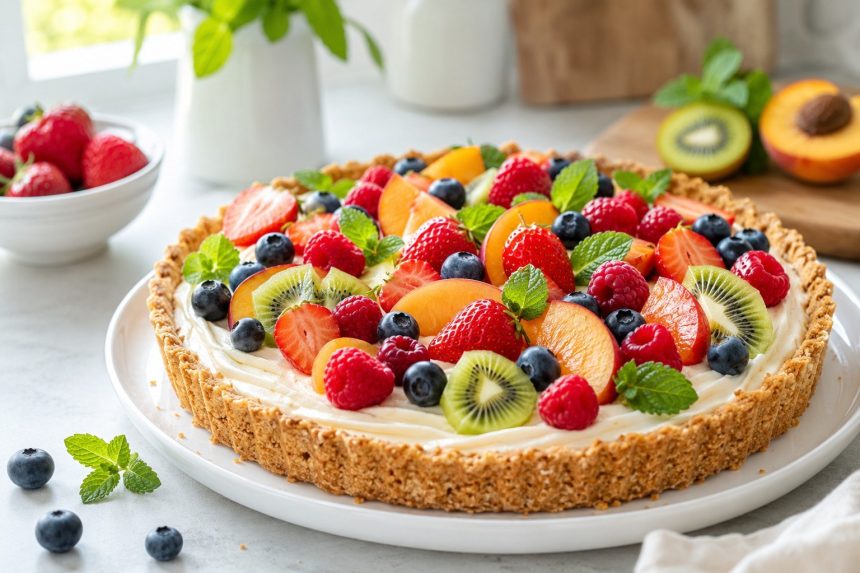 Kruchy spód, krem i góra owoców — tarta, która powstaje w lodówce, gdy za oknem czterdzieści stopni.