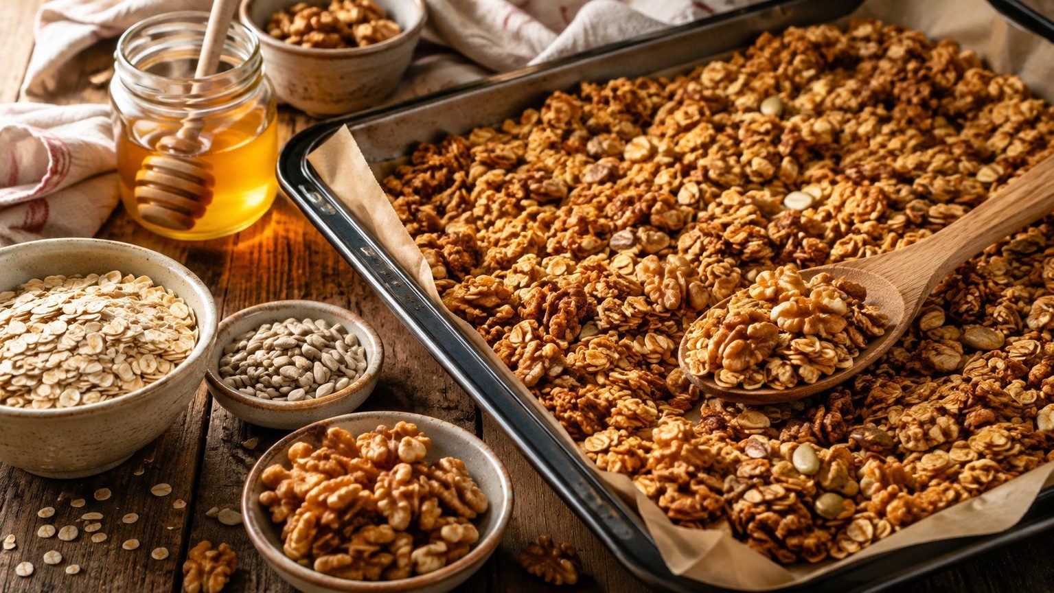 Piekarnik, blacha i 30 minut — domowa granola, którą kontrolujesz od płatka po ostatnią nutę słodyczy.