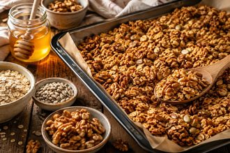 Piekarnik, blacha i 30 minut — domowa granola, którą kontrolujesz od płatka po ostatnią nutę słodyczy.