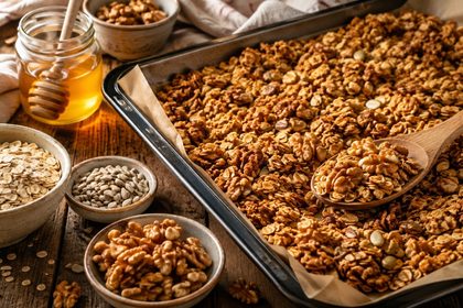 Piekarnik, blacha i 30 minut — domowa granola, którą kontrolujesz od płatka po ostatnią nutę słodyczy.