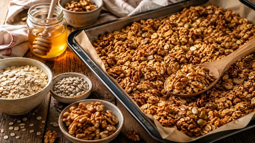 Piekarnik, blacha i 30 minut — domowa granola, którą kontrolujesz od płatka po ostatnią nutę słodyczy.
